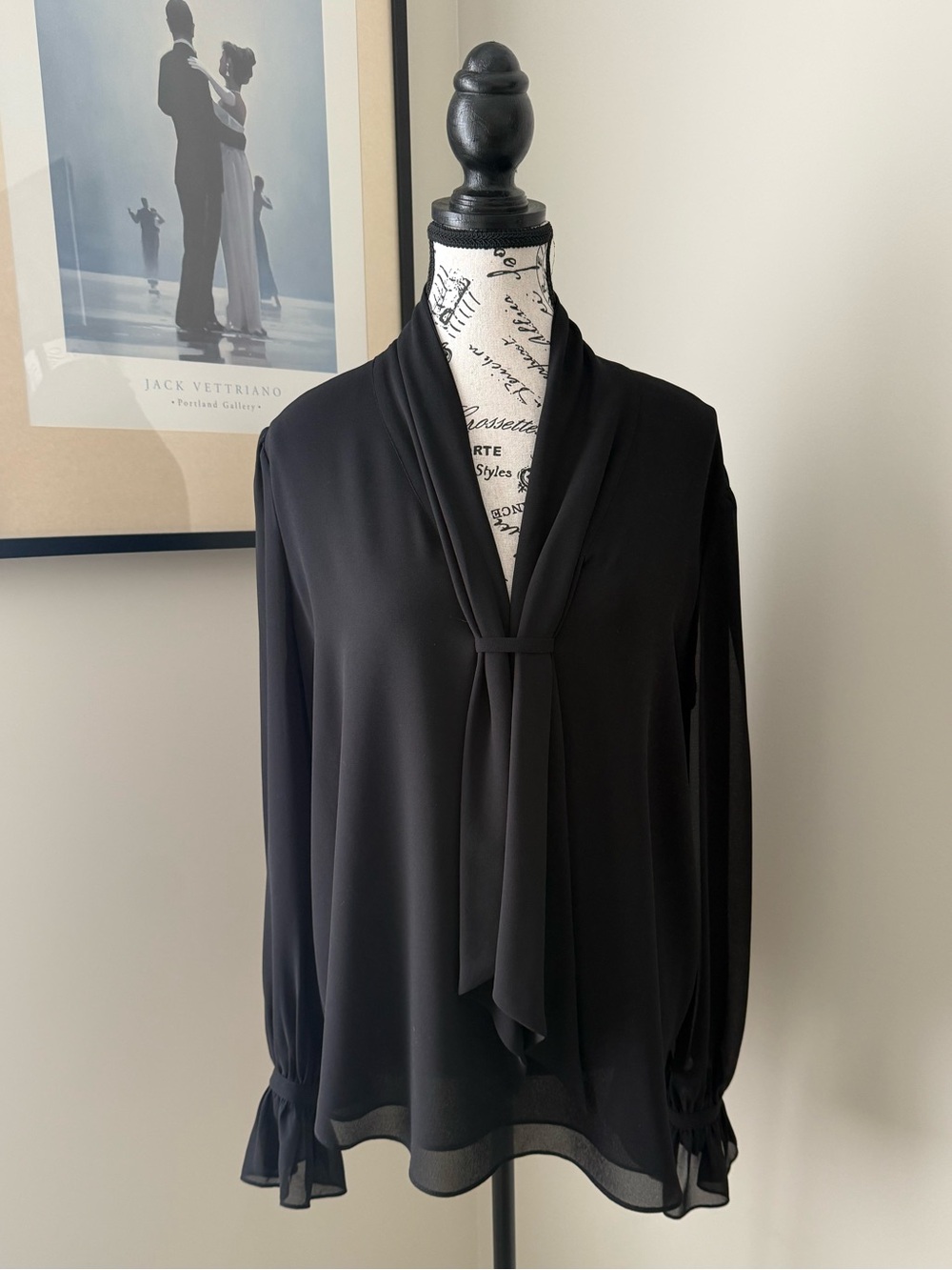 Melanie Lyne Black Tie-Neck Long ruffle Sleeve Blouse